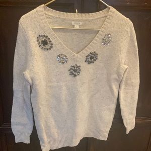 *3/$30* J Crew jeweled v neck oatmeal wool sweater size Small
